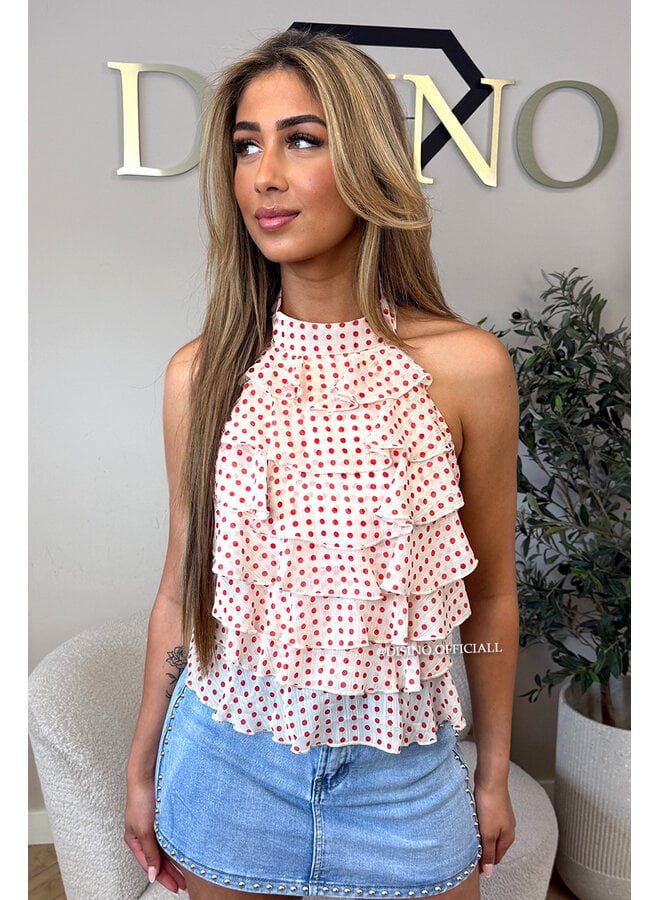 ECRU/RED - 'MIRAI TOP' - POLKADOT OPEN BACK RUFFLE TOP