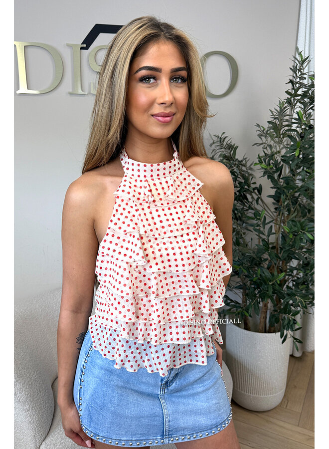 ECRU/RED - 'MIRAI TOP' - POLKADOT OPEN BACK RUFFLE TOP