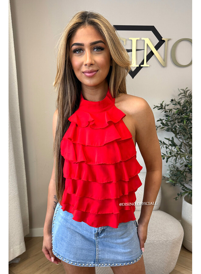 RED - 'MIRAI TOP' - POLKADOT OPEN BACK RUFFLE TOP
