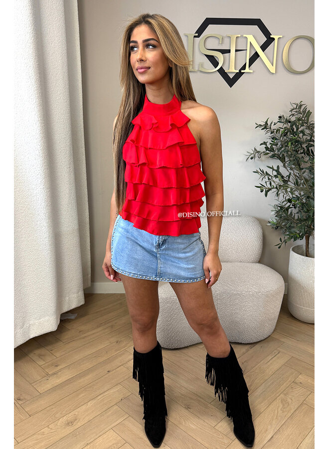 RED - 'MIRAI TOP' - POLKADOT OPEN BACK RUFFLE TOP