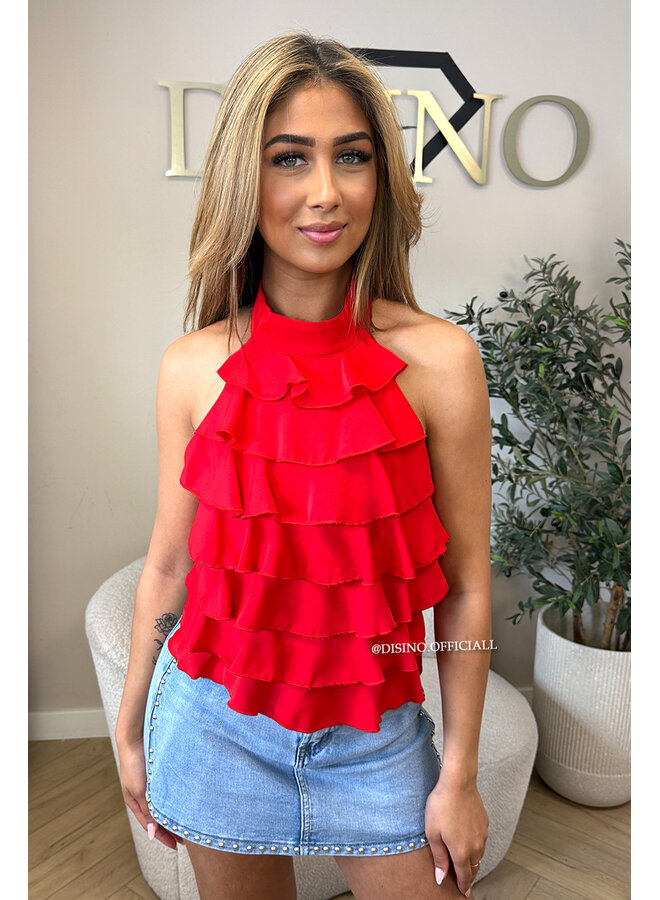 RED - 'MIRAI TOP' - POLKADOT OPEN BACK RUFFLE TOP