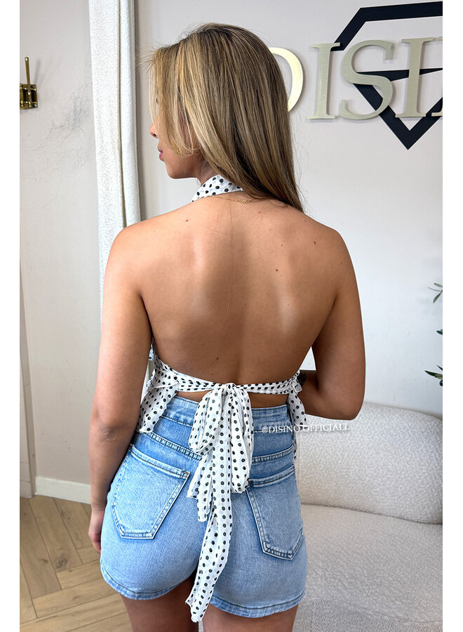 ECRU/BLACK - 'MIRAI TOP' - POLKADOT OPEN BACK RUFFLE TOP
