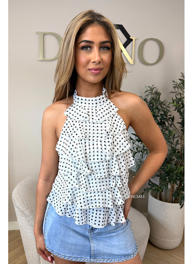 ECRU/BLACK - 'MIRAI TOP' - POLKADOT OPEN BACK RUFFLE TOP