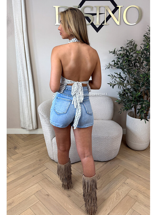 ECRU/BLACK - 'MIRAI TOP' - POLKADOT OPEN BACK RUFFLE TOP