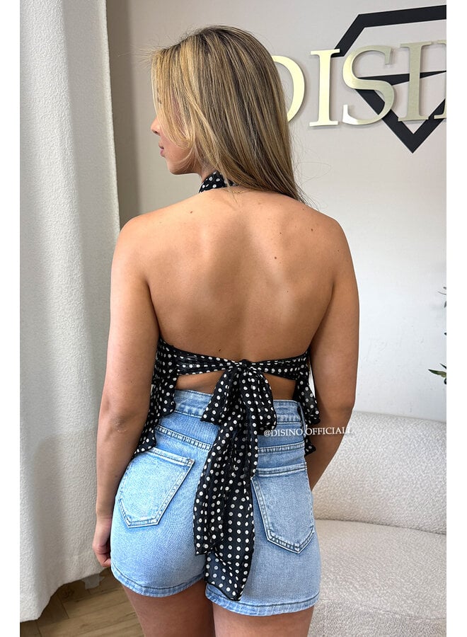 BLACK/ECRU - 'MIRAI TOP' - POLKADOT OPEN BACK RUFFLE TOP