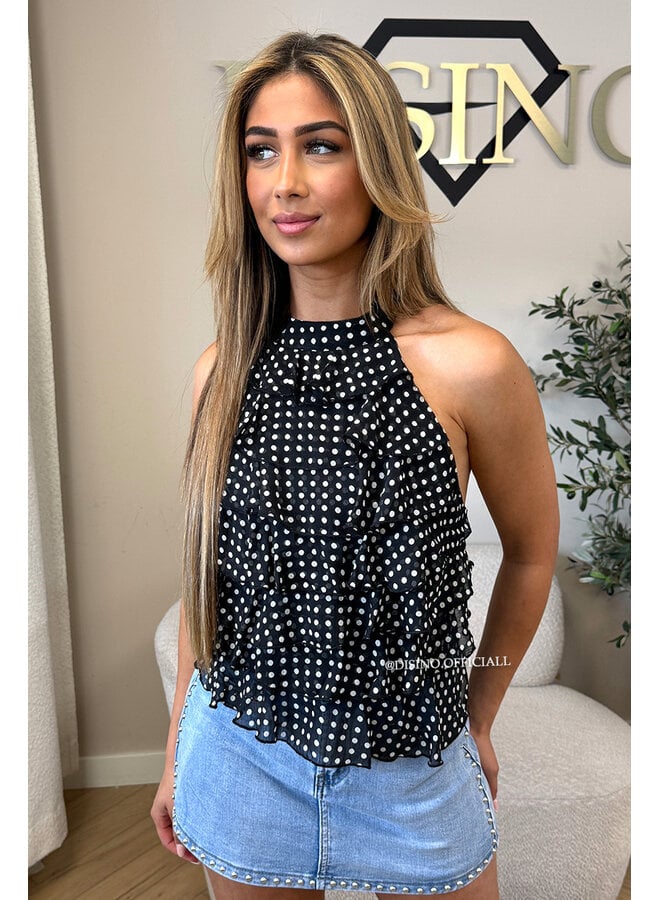 BLACK/ECRU - 'MIRAI TOP' - POLKADOT OPEN BACK RUFFLE TOP