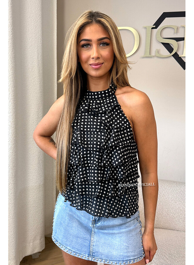 BLACK/ECRU - 'MIRAI TOP' - POLKADOT OPEN BACK RUFFLE TOP