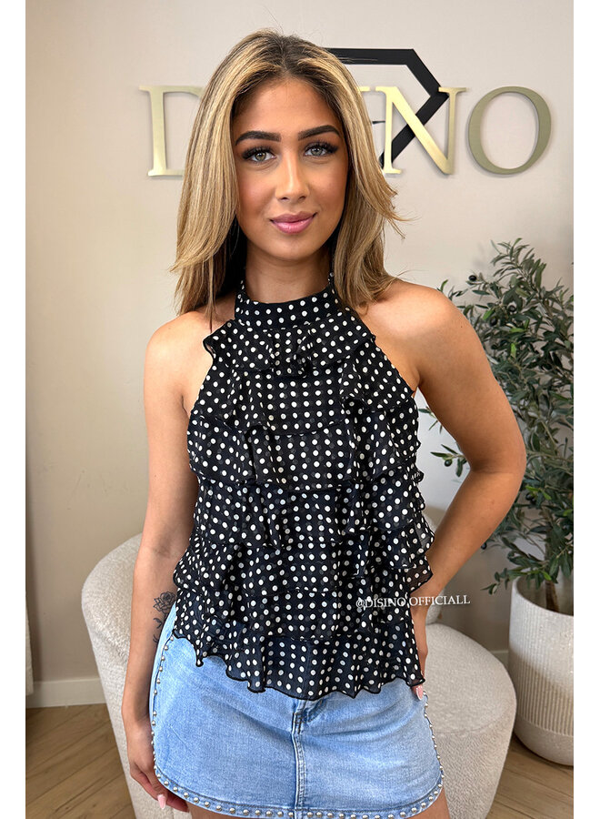 BLACK/ECRU - 'MIRAI TOP' - POLKADOT OPEN BACK RUFFLE TOP