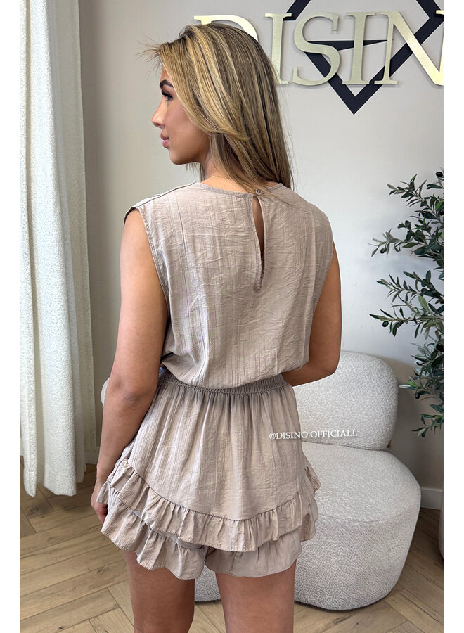 TAUPE - 'KATIE PLAYSUIT' - VACAY MOOD RUFFLE PLAYSUIT