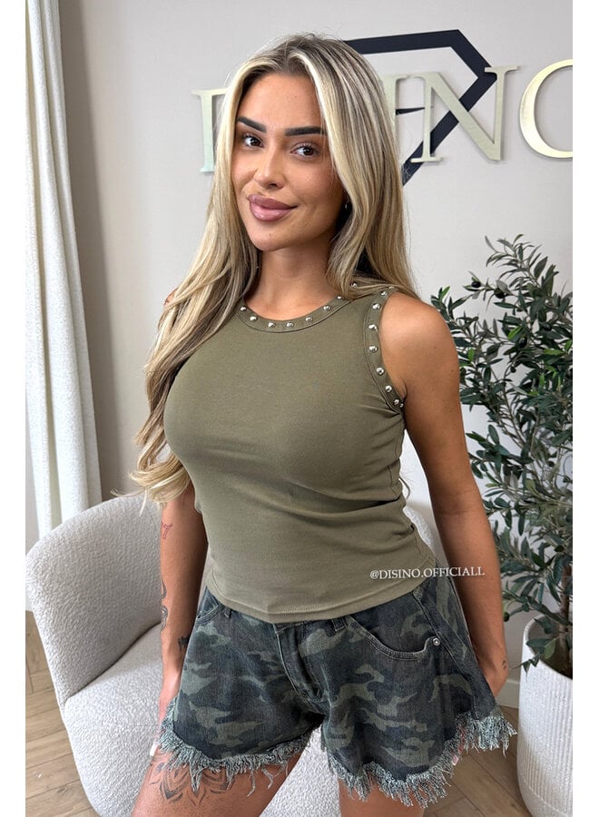 ARMY GREEN - 'GRACE TOP' - STUDS HALTER TOP