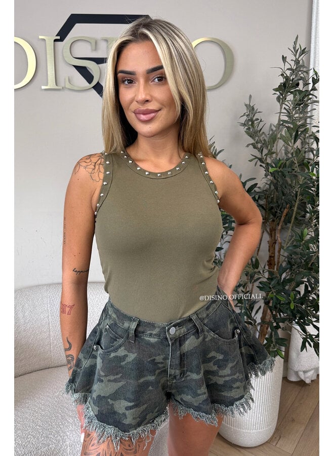 ARMY GREEN - 'GRACE TOP' - STUDS HALTER TOP