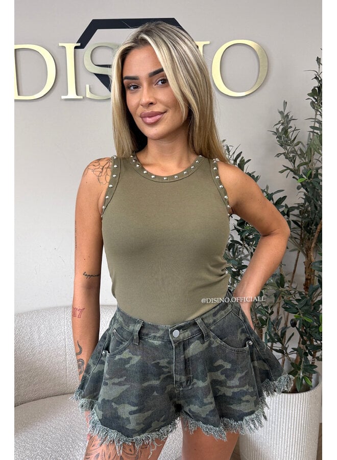 ARMY GREEN - 'GRACE TOP' - STUDS HALTER TOP