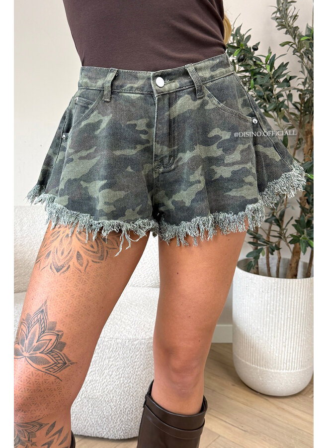 CAMO - 'LUNA SHORT' - FRAYED ARMY PRINT DENIM SHORT