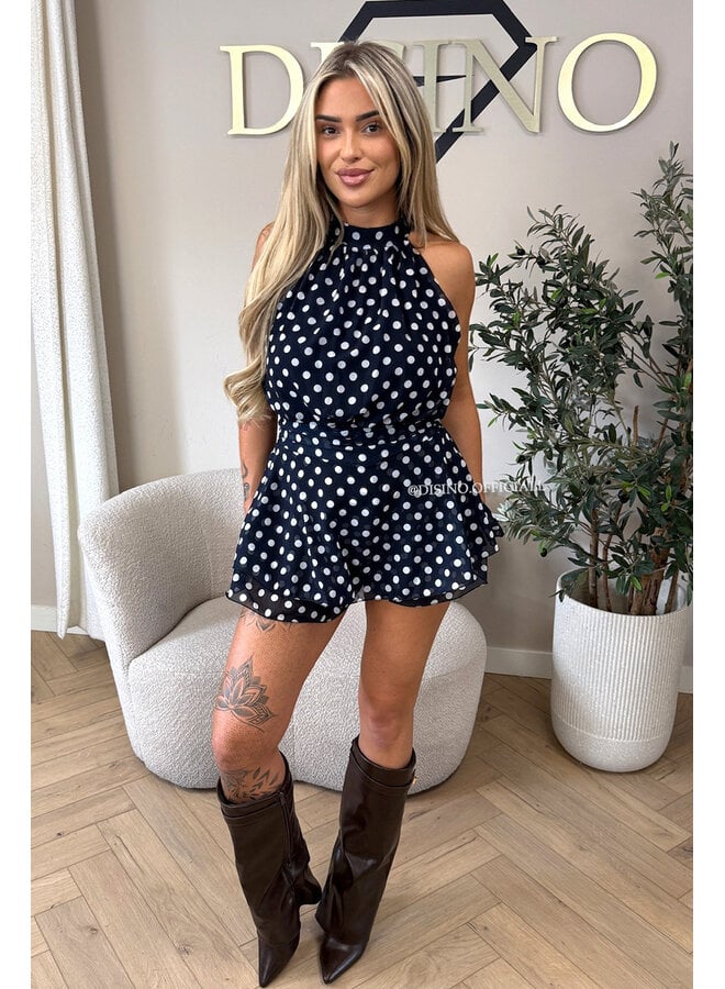 NAVY BLUE - 'LIORA POLKADOT PLAYSUIT' - HALTER RUFFLE PLAYSUIT