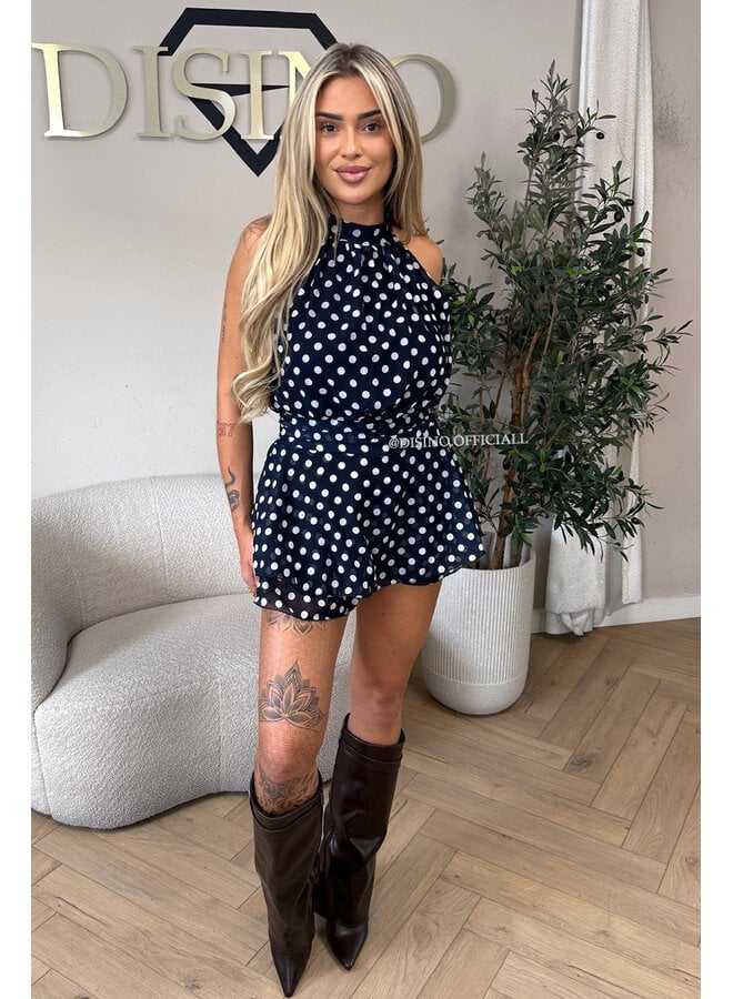 NAVY BLUE - 'LIORA POLKADOT PLAYSUIT' - HALTER RUFFLE PLAYSUIT
