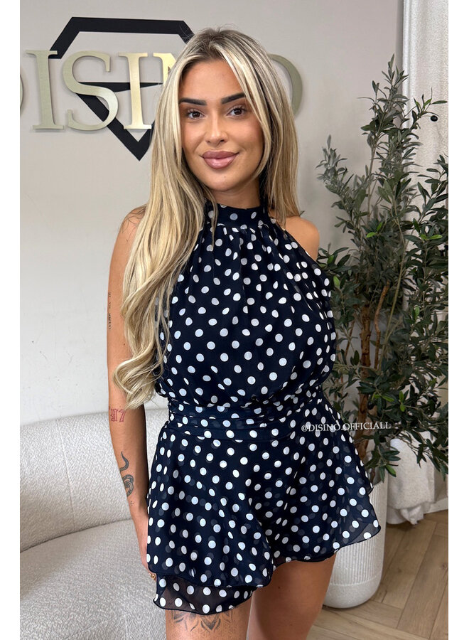 NAVY BLUE - 'LIORA POLKADOT PLAYSUIT' - HALTER RUFFLE PLAYSUIT
