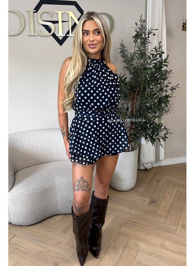 NAVY BLUE - 'LIORA POLKADOT PLAYSUIT' - HALTER RUFFLE PLAYSUIT