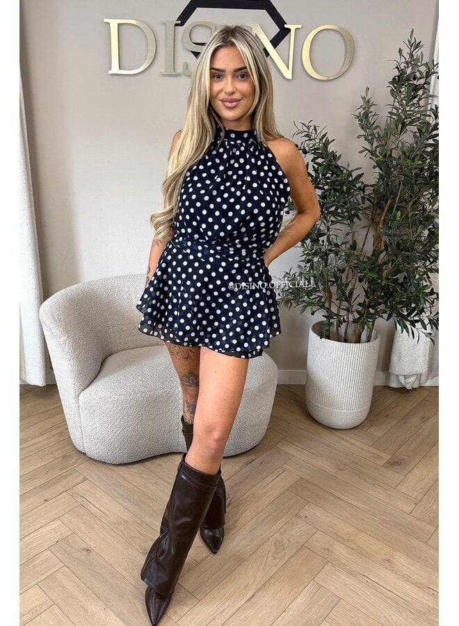 NAVY BLUE - 'LIORA POLKADOT PLAYSUIT' - HALTER RUFFLE PLAYSUIT