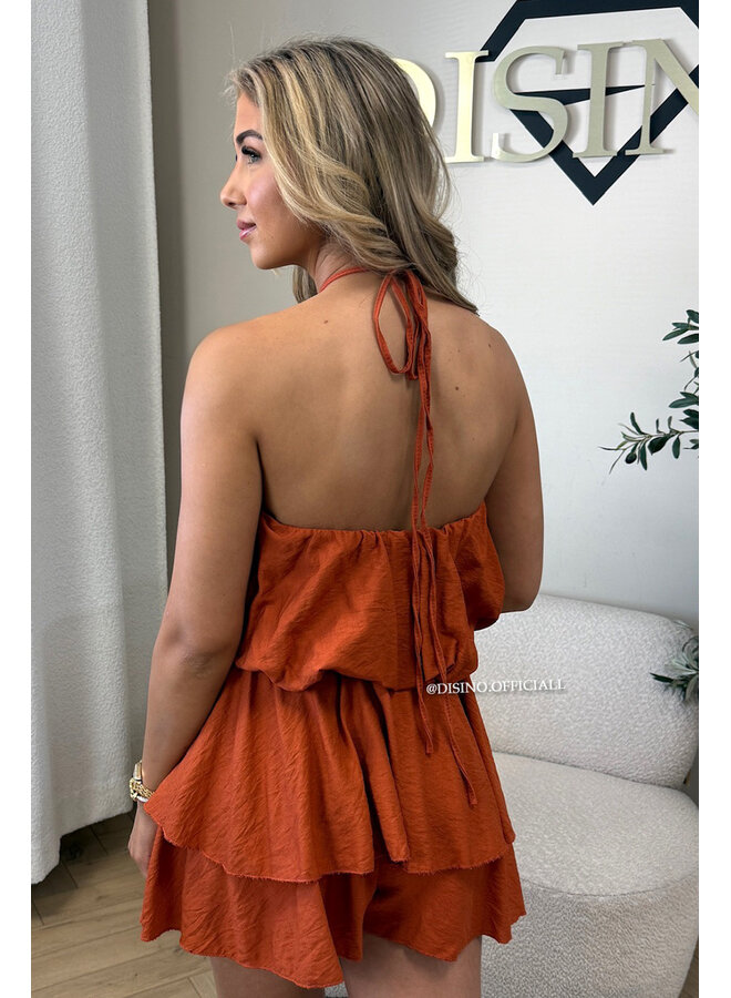 BRICK - 'LUCIA PLAYSUIT' - GOLD BUCKLE RUFFLE PLAYSUIT