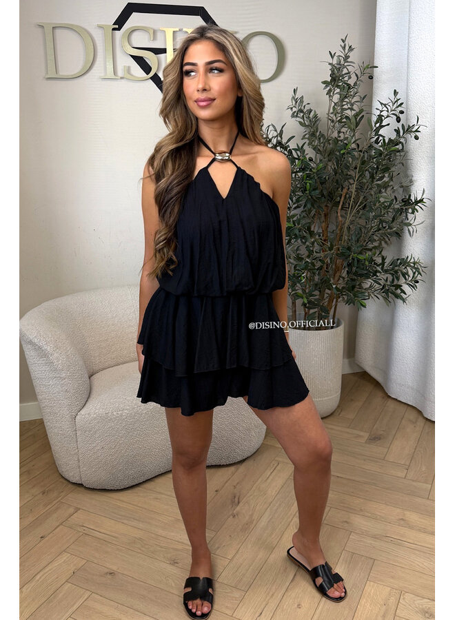 BLACK - 'LUCIA PLAYSUIT' - GOLD BUCKLE RUFFLE PLAYSUIT