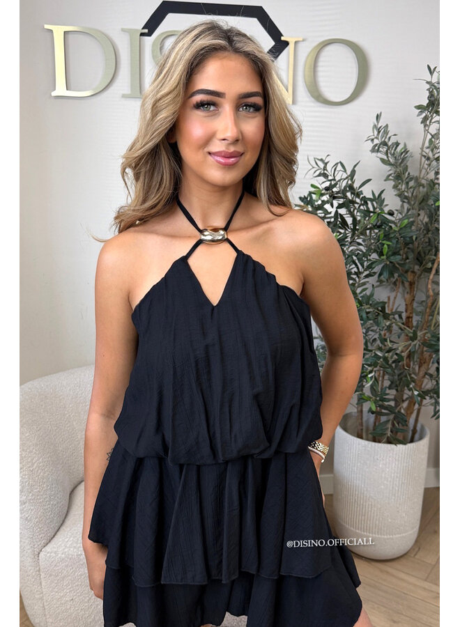 BLACK - 'LUCIA PLAYSUIT' - GOLD BUCKLE RUFFLE PLAYSUIT