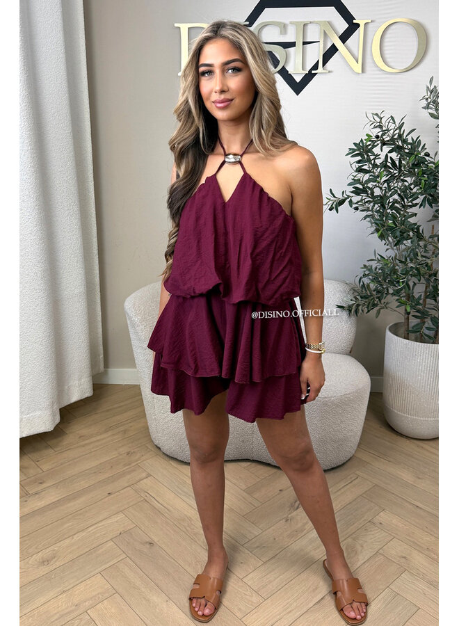 BORDEAUX - 'LUCIA PLAYSUIT' - GOLD BUCKLE RUFFLE PLAYSUIT