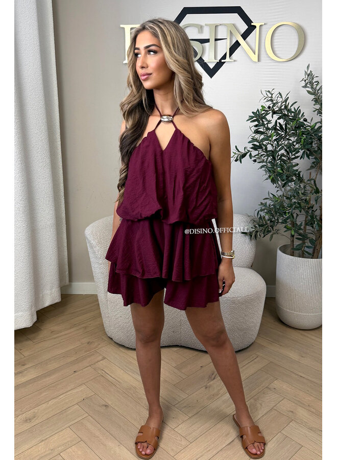 BORDEAUX - 'LUCIA PLAYSUIT' - GOLD BUCKLE RUFFLE PLAYSUIT