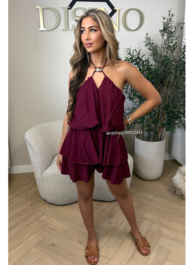 BORDEAUX - 'LUCIA PLAYSUIT' - GOLD BUCKLE RUFFLE PLAYSUIT