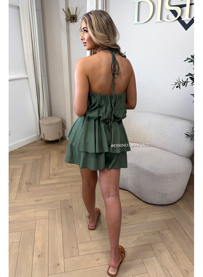 ARMY GREEN - 'LUCIA PLAYSUIT' - GOLD BUCKLE RUFFLE PLAYSUIT