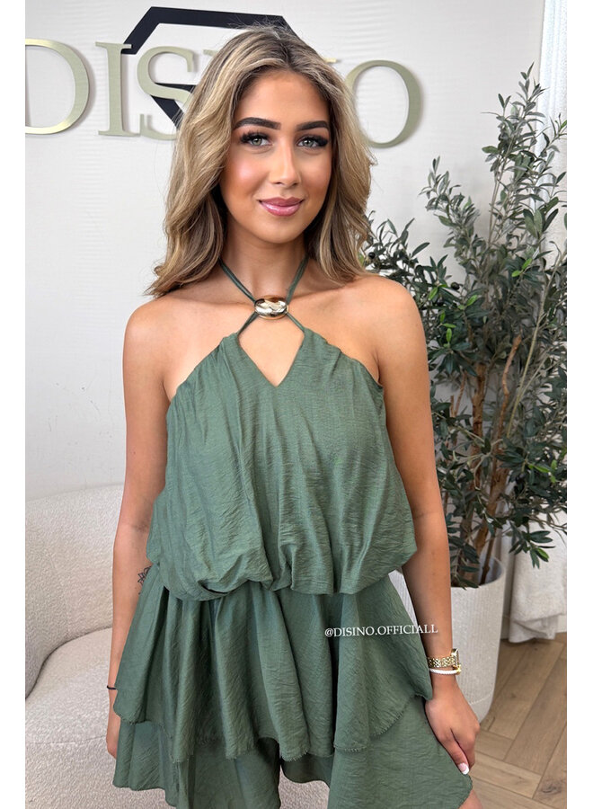 ARMY GREEN - 'LUCIA PLAYSUIT' - GOLD BUCKLE RUFFLE PLAYSUIT