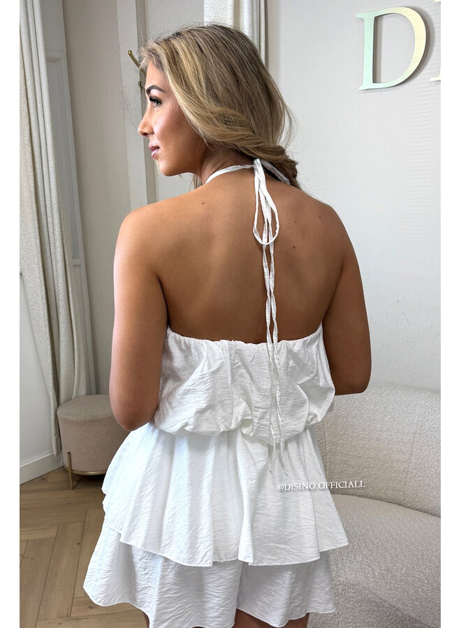 WHITE - 'LUCIA PLAYSUIT' - GOLD BUCKLE RUFFLE PLAYSUIT