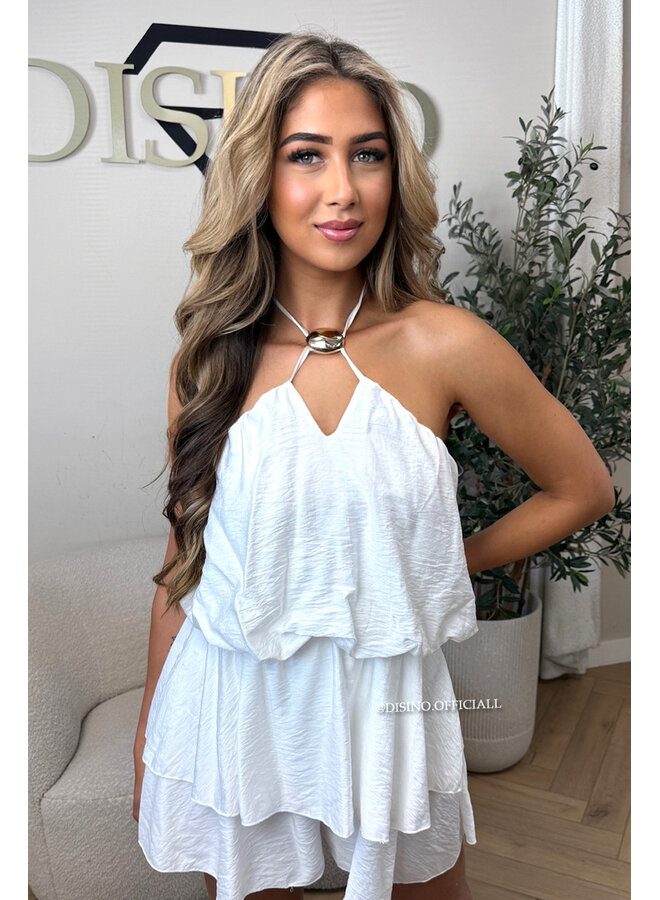WHITE - 'LUCIA PLAYSUIT' - GOLD BUCKLE RUFFLE PLAYSUIT