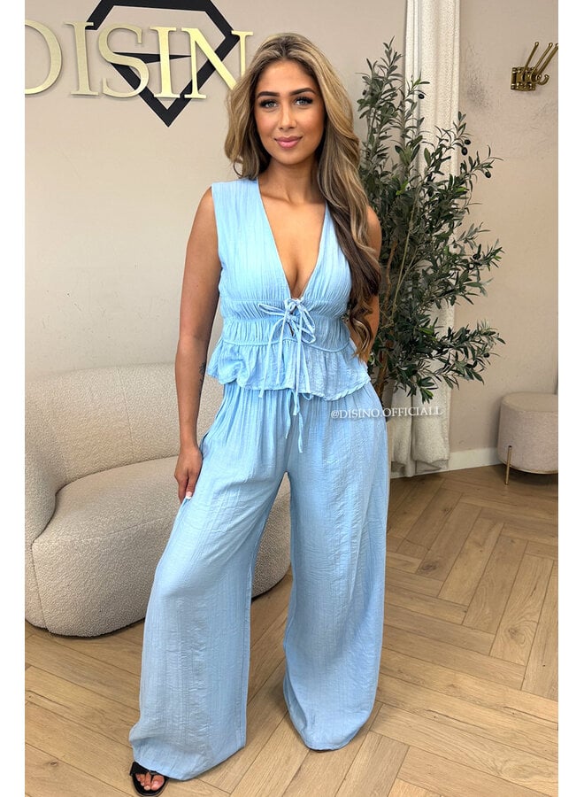 LIGHT BLUE - 'DELANI SET' - COASTAL CHIC SUMMER TOP + PANTS SET