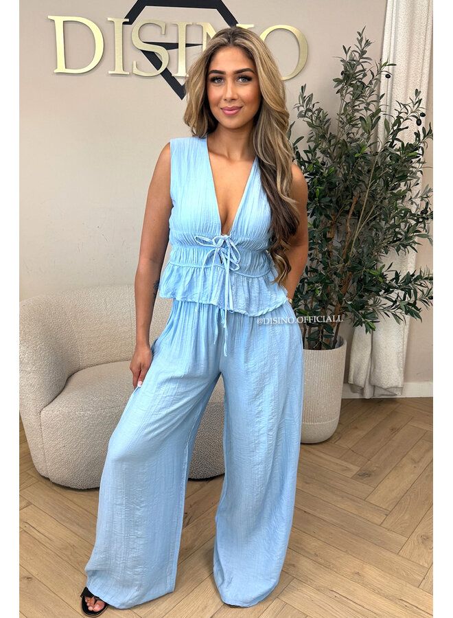 LIGHT BLUE - 'DELANI SET' - COASTAL CHIC SUMMER TOP + PANTS SET