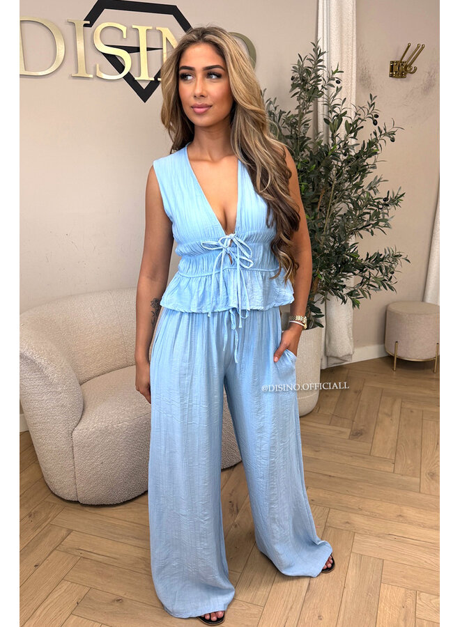 LIGHT BLUE - 'DELANI SET' - COASTAL CHIC SUMMER TOP + PANTS SET
