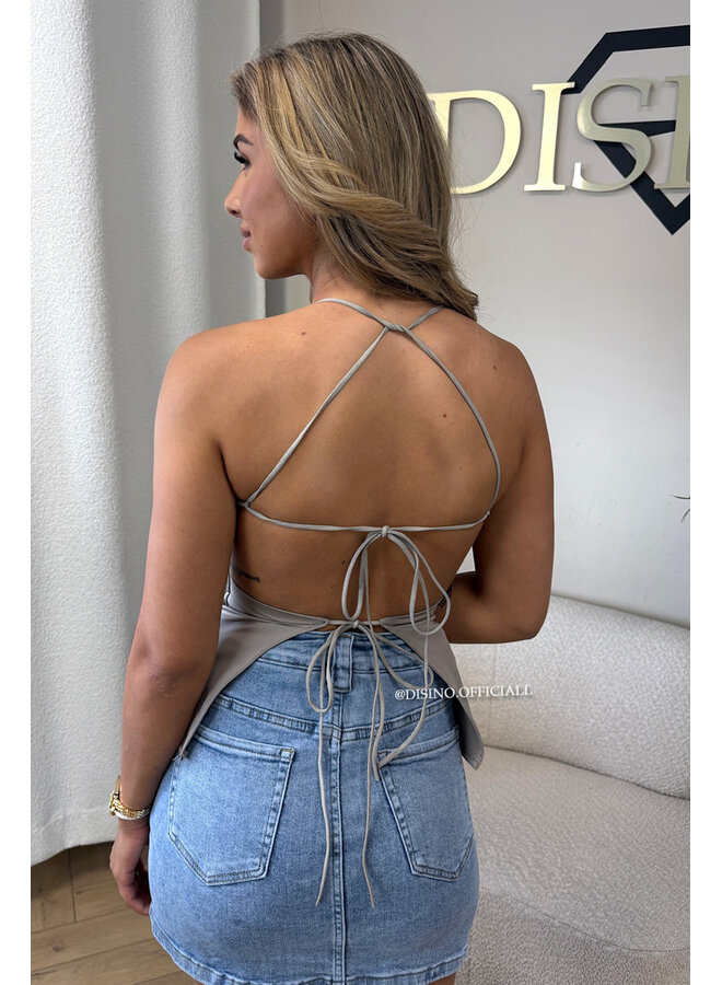 TAUPE - 'TARA TOP' - CLASSY OPEN BACK TOP