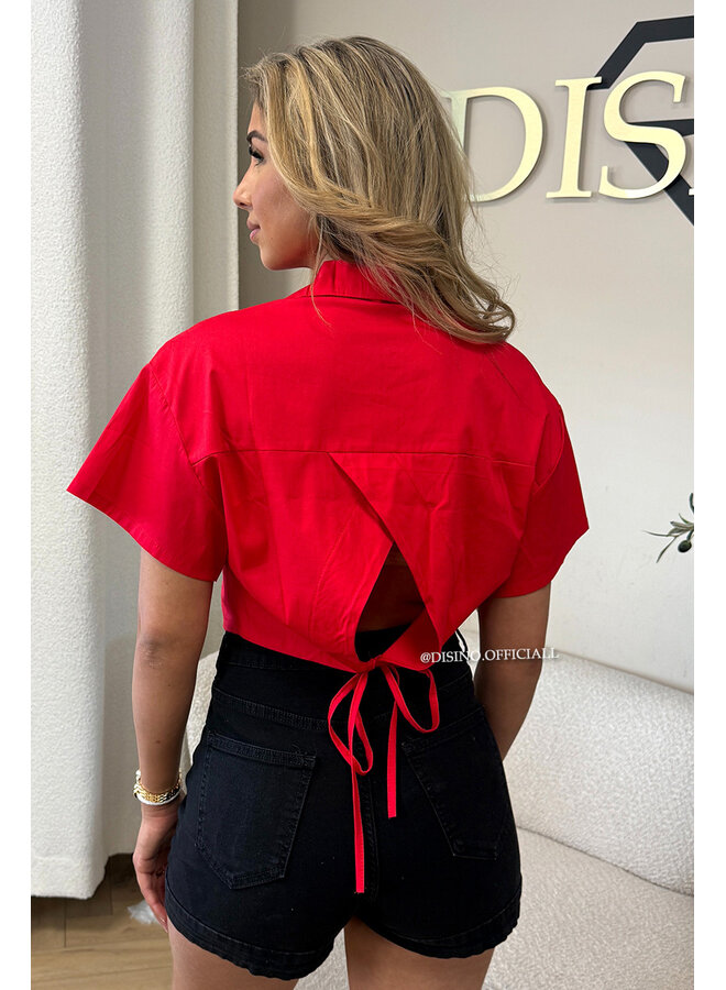 RED - 'CARMEN BLOUSE' - OPEN BACK SHORT SLEEVE SHIRT
