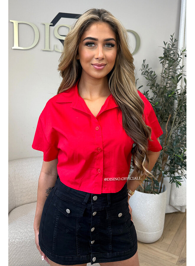 RED - 'CARMEN BLOUSE' - OPEN BACK SHORT SLEEVE SHIRT