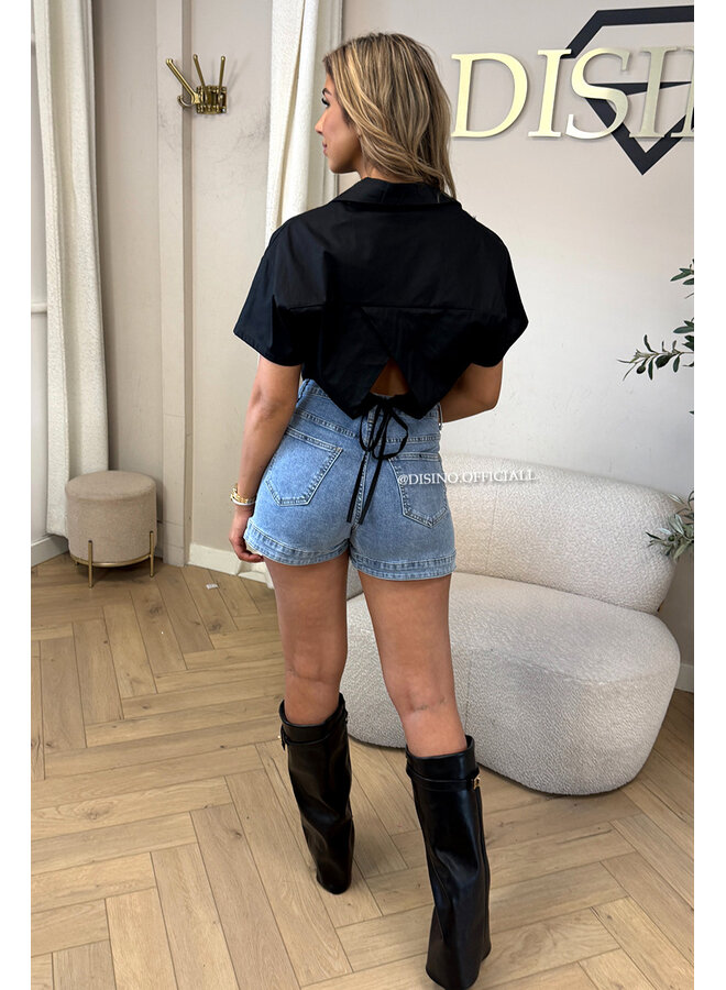 BLACK - 'CARMEN BLOUSE' - OPEN BACK SHORT SLEEVE SHIRT