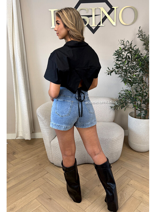 BLACK - 'CARMEN BLOUSE' - OPEN BACK SHORT SLEEVE SHIRT