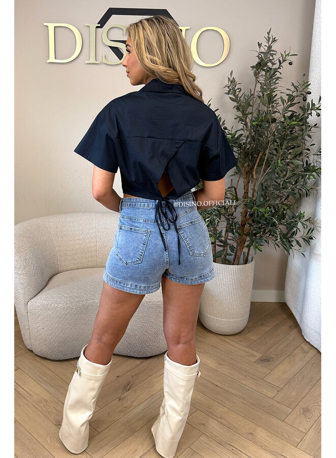 NAVY BLUE - 'CARMEN BLOUSE' - OPEN BACK SHORT SLEEVE SHIRT