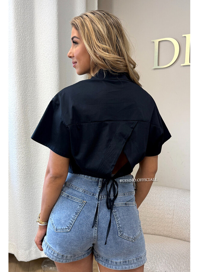 NAVY BLUE - 'CARMEN BLOUSE' - OPEN BACK SHORT SLEEVE SHIRT