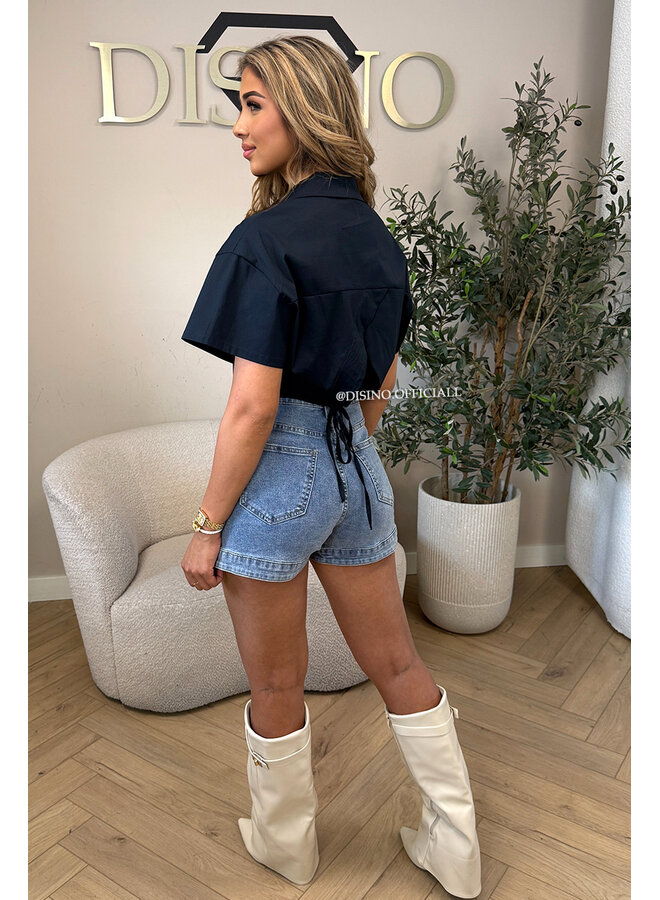 NAVY BLUE - 'CARMEN BLOUSE' - OPEN BACK SHORT SLEEVE SHIRT