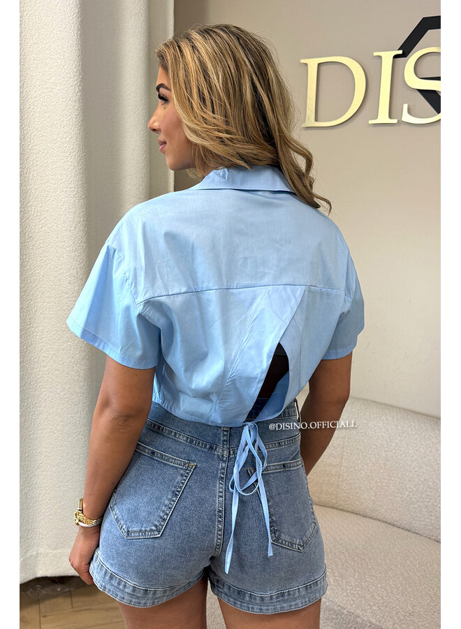 LIGHT BLUE - 'CARMEN BLOUSE' - OPEN BACK SHORT SLEEVE SHIRT