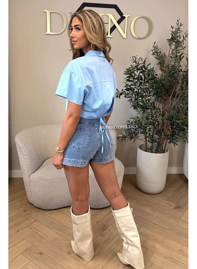 LIGHT BLUE - 'CARMEN BLOUSE' - OPEN BACK SHORT SLEEVE SHIRT
