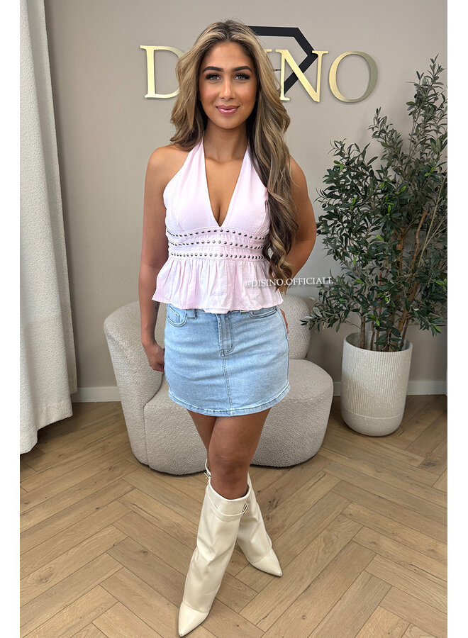 PINK - 'KATIE TOP' - STUDS OPEN BACK RUFFLE TOP