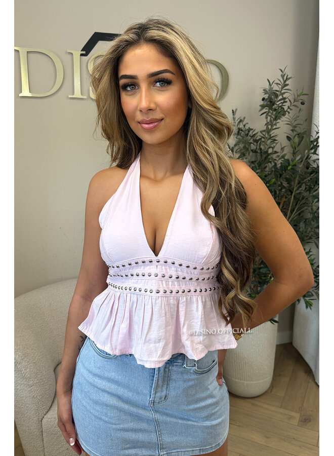 PINK - 'KATIE TOP' - STUDS OPEN BACK RUFFLE TOP