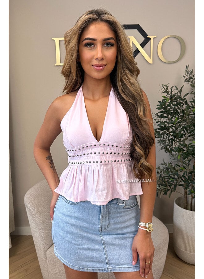 PINK - 'KATIE TOP' - STUDS OPEN BACK RUFFLE TOP