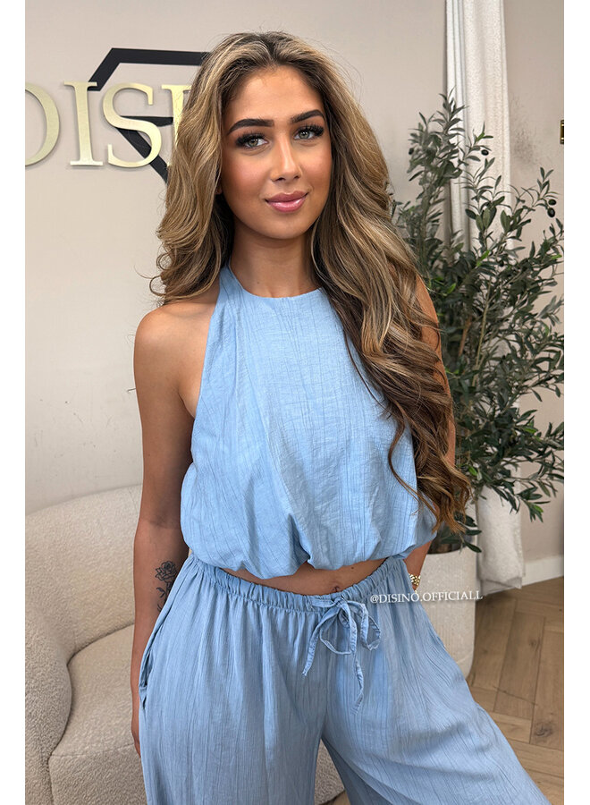 JEANS BLUE - 'ALARA SET' - SUMMER ESCAPE OPEN BACK TOP + PANTS SET