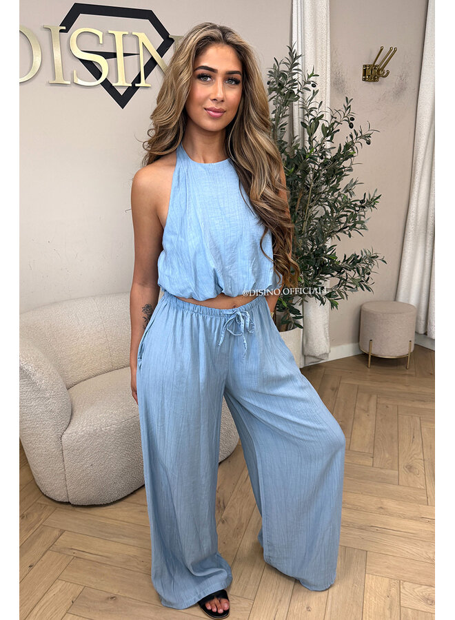 JEANS BLUE - 'ALARA SET' - SUMMER ESCAPE OPEN BACK TOP + PANTS SET